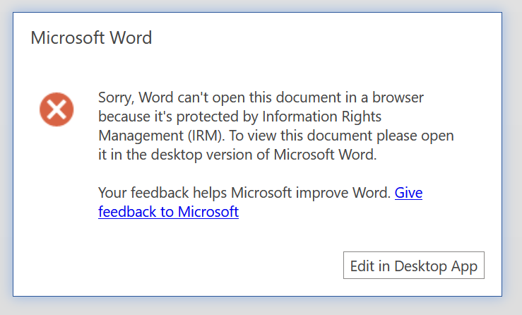 02 sorry cant open in this browser protected by irm open in desktop