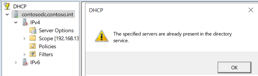 the specified servers are already present in the directory service